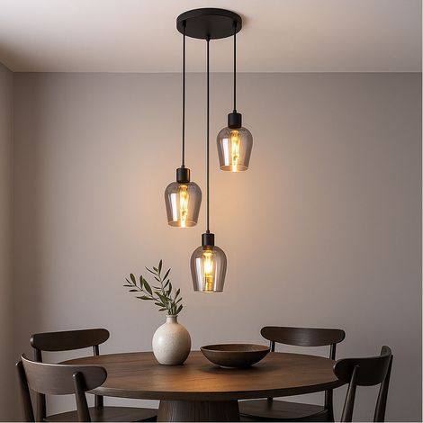 Lampe à suspendre verre fumé Lampe de table à 3 flammes Suspension Abat-jour en verre noir, métal, 3x douille E27, DxH 28,5x150 cm (1/5)