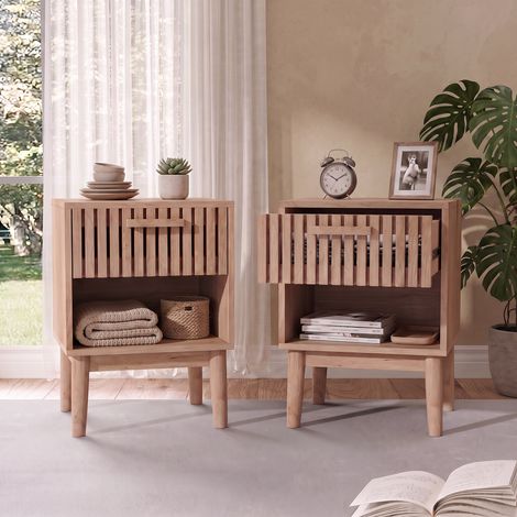 Table de chevet 40x35x55 cm (Lot de 2) - Table de nuit avec tiroir soft-close & étagère - Bois massif, Naturel (1/5)