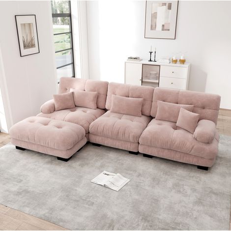 Canapé d’angle modulaire rose en chenille avec ottomans mobiles et assise profonde (1/5)