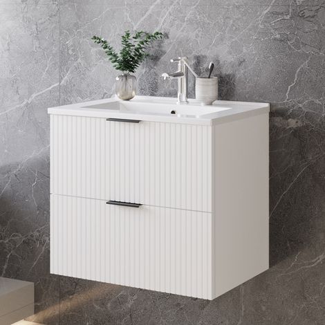 AICA Bathroom 600x385x520mm MDF Wall-mounted Vanity Unit,White Concave-convex texture Dual-drawers,Detachable Soft Close + Thin Ceramic Basin (1/5)