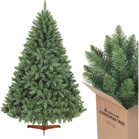 Sapin de Noël artificiel Nordmann 210 cm – Support en bois naturel – 1066 pointes pour aspect réaliste – Diamètre 148 cm – Salcar