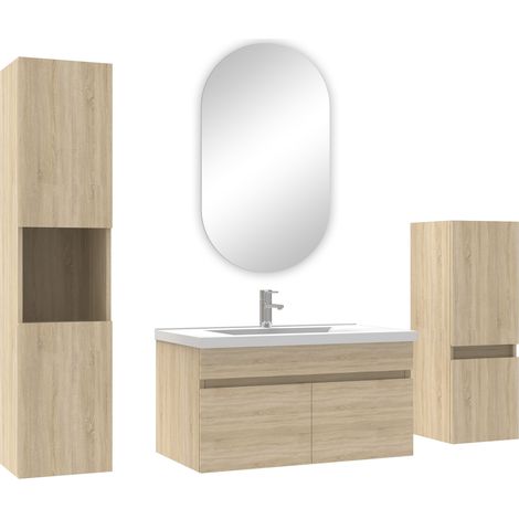 Ocean meubles simple vasque 80cm,meuble acve colonne et miroir ovale Chêne Wotan (1/4)