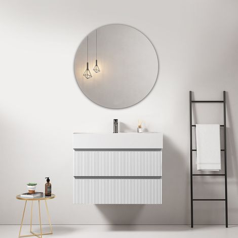 Mobile bagno sospeso cannettato 80 cm Bianco Lavabo in Resina Specchio Tondo - Fiji Paint (1/4)