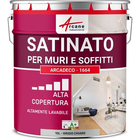Pittura murale satinata professionale – ARCADECO - 1664 – Finitura luminosa, ultra coprente e lavabile - 10 L Grigio chiaro - RAL 7035 - ARCANE INDUSTRIES