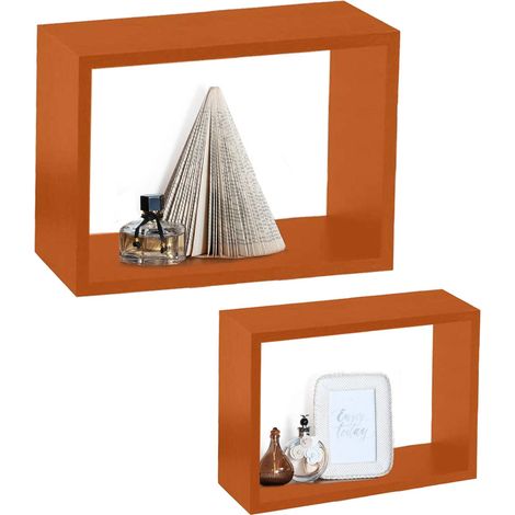 Set 2 Mensole a Muro Moduli da Parete Pensili Rettangolari in Legno Arancione (1/4)