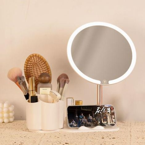 Trade Shop - SPECCHIO TRUCCO DA TAVOLO CON LUCE LED CONTENITORE PORTAOGGETTI GIREVOLE PORTACELLULARE -