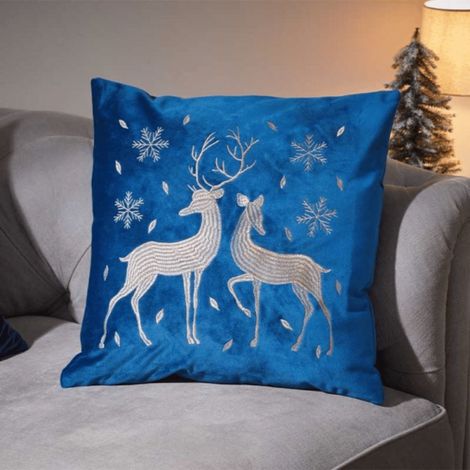 45 x 45cm Soft Fabric Christmas Reindeer Chair Cushion in Sapphire Blue (1/4)