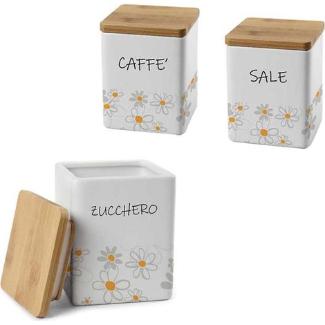 TRIS QUADRATO DAISY SALE. ZUCCHERO E CAFFÈ IN CERAMICA CON TAPPO IN LEGNO 10X13 CM