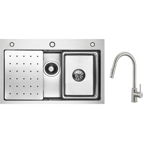 Cecipa Évier 1 Bac 70×45cm avec Egouttoir, Vasque et Distributeur de Savon + Mitigeur avec Douchette Extractible 2 Modes de Sortie D'eau (1/5)