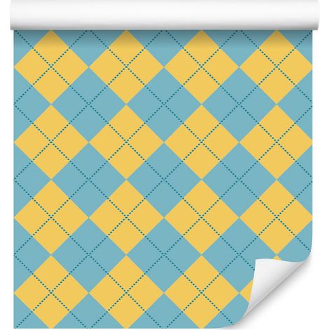 Papel pintado a cuadros amarillos, azules, turquesas y dorados de 50x1000 cm. (1/5)