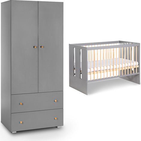 Lit bébé et armoire 2 portes 2 tiroirs Littlesky by Klups Pauline Gris