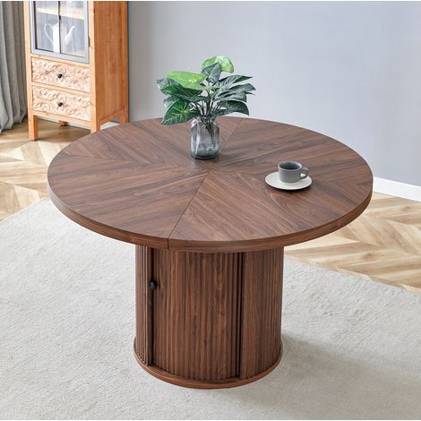Table manger ronde 115 cm avec rangement MDF noyer HAVRYA (1/5)