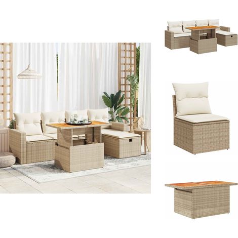 6-tlg. Garten-Sofagarnitur mit Kissen Beige Poly Rattan Akazie - Garten Sofagarnitur - Garten Sofagarnituren - Outdoor Sofagarnitur - Sofagarnitur Terrasse (1/5)