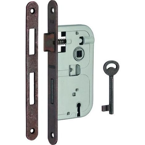 Serrure encastrable à clé pour porte de chambre, axe 50mm, bouts ronds, 1 clé, têtière bronze - (1/5)