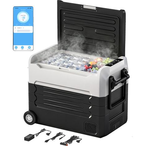 Glacière à compresseur 50 L -20 °C -20 °C, glacière électrique avec contrôle de température bi-zone, application, témoin LED d'alerte de batterie, poignée pliable