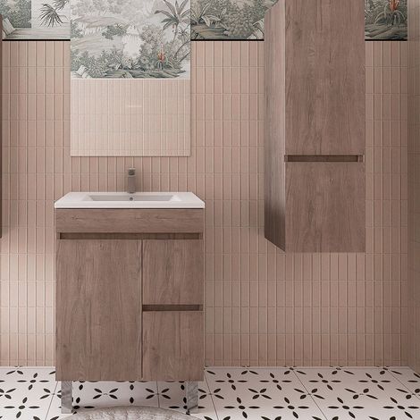 Kibath Mueble de baño con Lavabo, Espejo y Aplique LED URBAN 60x45 cm acabado Gris brillo 2 cajones y 2 puertas (1/5)