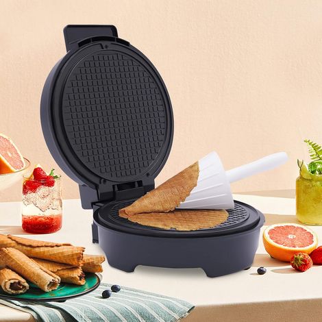 Gaufrier 1200 W avec cône pour cornets de glace fins, gaufres ultra fines, petite surface de cuisson, 20 cm de diamètre, boîtier en acier inoxydable, revêtement anti-adhésif
