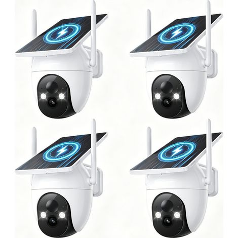 Pack de 4 Caméra de Surveillance Sans Fil Solaire WiFi Konsoefuly, 2K HD 3MP, Détection de Mouvement, 360° PTZ, Détection Humaine PIR, Vision Nocturne Couleur, IP65 pour Exterieur, Jardin, Maison