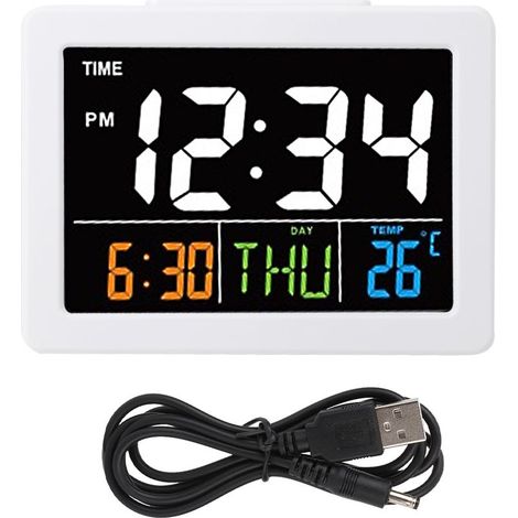 Réveil électronique de bureau LCD à grand écran couleur avec affichage de la date de la température(Blanc ) (1/5)