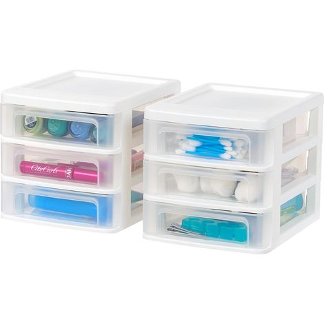 Lot de 2 - Tour de Rangement - Organisateur Bureau - 3 Tiroirs Plastique Transparent Format B6 Ouverture Facile Pour Fournitures Scolaire Blanc 17,1x21,3x17,5cm