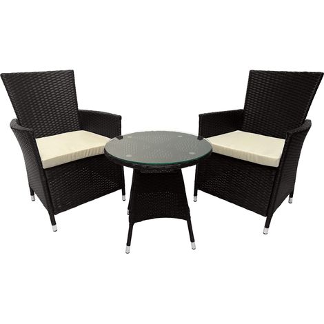 Set da giardino da esterno 3 pezzi: 2 poltrone in vimini di resina marrone scuro e tavolo rotondo in vetro 100007922