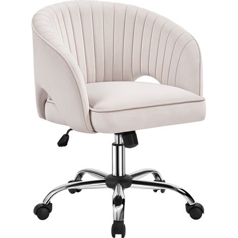 Yaheetech – Fauteuil de bureau en velours crème – Dossier capitonné arrondi – Assise réglable 46,5-56,5 cm – Roulettes pivotantes 360° – Base métallique chromée