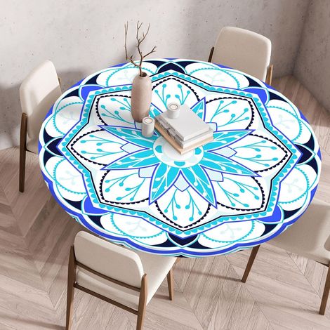 Round Tablecloth, Mandala Pattern Tablecloth with Elastic, Washable Waterproof Polyester Tablecloth for Kitchen, Dining Room, Hotel, Garden (Mandala D, 140CM) (1/5)