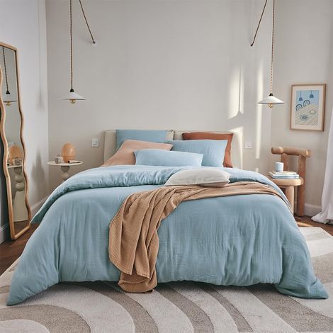 Housse de Couette en Gaze de Coton, 240 x 220 cm, Bleu (1/5)