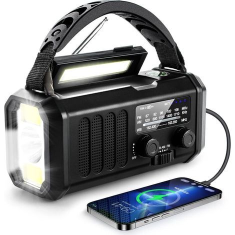 Radio d'urgence solaire à manivelle, batterie externe 10 000 mAh, diffusion météo, éclairage et alarme SOS, adaptée aux situations d'urgence, noire (1/5)