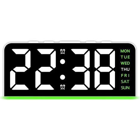 Réveil numérique LED, double alarme, extinction automatique rétroéclairage, alimentation USB/piles, vert (1/4)