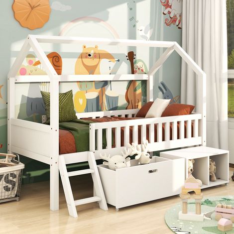 Children Treehouse Bed with Stairs Pine Wood Storage Design (1/5)