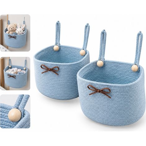 Set de 2 Pieces Panier Mural en Coton avec Perles en Bois Bleu 20-21 x 15-17 x 11-14 cm pour Chambre Enfant Jouets Etagere Chevet Rangement Mural (1/5)