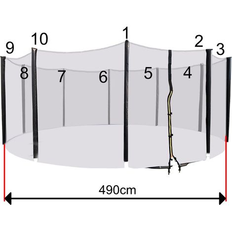 Filet trampoline 490 cm – 10 barres – hauteur 180 cm – fermeture zip et clips de sécurité – capuchons anti-perforation