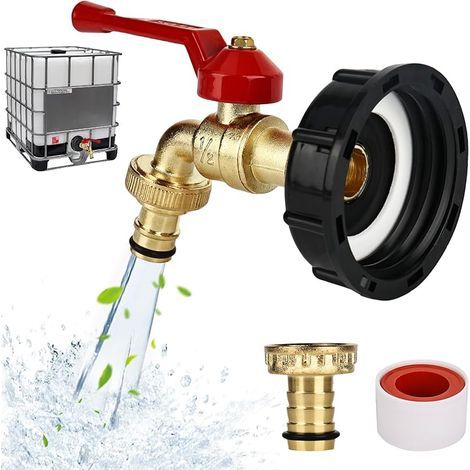 Robinet d'écoulement Réservoir d'eau de pluie 1000 l - Alliage Laiton Doré - Robinet à Boisseau Sphérique 1/2" - Adaptateur IBC - S60 x 6 (1/5)