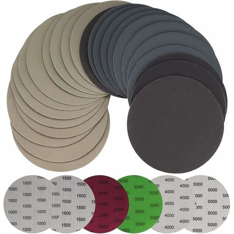 30 Pièces 125mm Papier de Verre Sec à l'eau, Disques Abrasifs Ronds, Tampons de Ponceuse Orbitale Feuilles de Papier Abrasif pour Métal Bois - Grain 1000/1500/2000/3000/4000/5000-- (1/5)