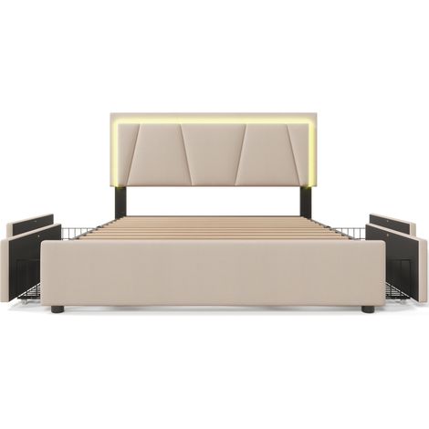 Letto matrimoniale imbottito 160x200 cm beige con LED, 4 cassetti, testiera regolabile e materasso (1/5)