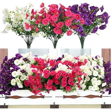9 Bouquets Fleurs Artificielles Extérieures, Fleur Artificiel en Plastique Résistantes aux UV, Faux Fausse Fleurs, Gloire du Matin Artificielle pour Maison, Jardin, Balcon, Porche (3 Couleurs)