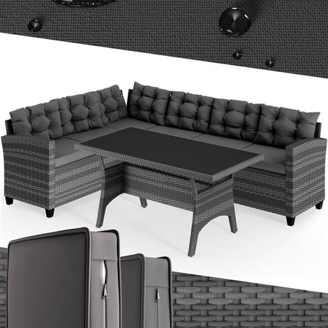 CASARIA® Polyrattan Ecklounge Set WPC Esstisch Ecksofa inkl. 7cm Sitzauflagen 15cm Kissen Wetterfest Outdoor Lounge Garten Terrasse Balkon Möbel Grau
