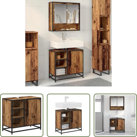 Rangement salle de bain - Cabinet de salle de bain avec porte Bois Ancien 65 x 33 x 60 cm (1/5)