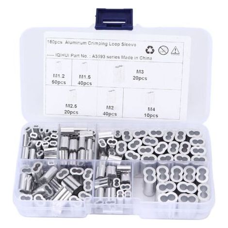 180pcs Kit de manchons de boucle de sertissage 6-Taille en aluminium à double barillet Universel pour cble métallique Extrémité de ligne (1/4)
