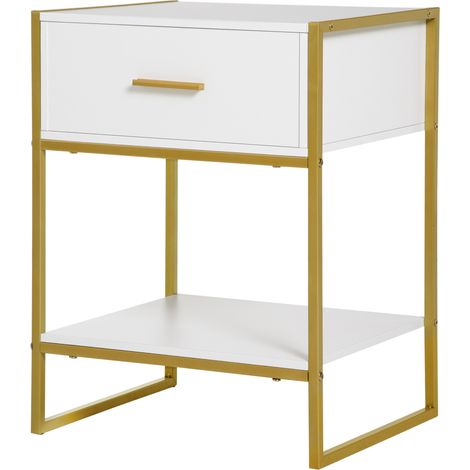Table de chevet moderne blanche 45x40x60 cm avec tiroir et étagère de rangement pour chambre, salon, bureau (1/5)