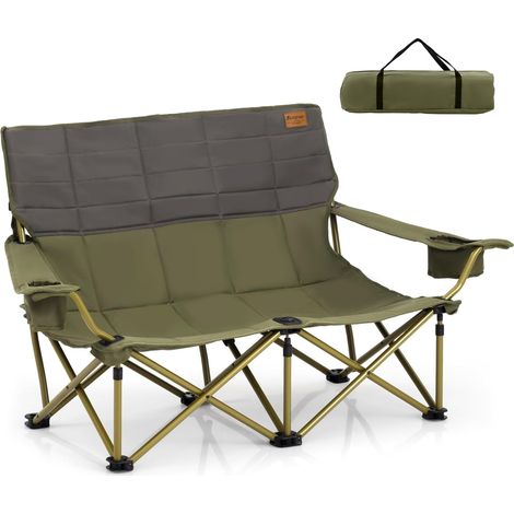 GOPLUS Chaise de Camping Double, Fauteuil de Plage Rembourrée avec Porte-Gobelets, Accoudoirs Réglables, Banc de Camping 2 Places Pliable pour Pêche, Camping, Pique-Nique, Plage, Charge 300KG (Vert) (1/5)