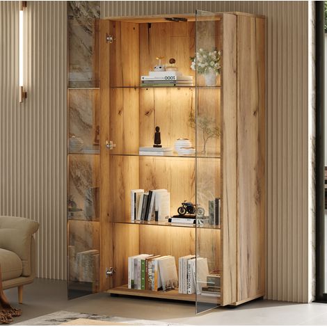 Vitrine 80x36x150,5 cm en panneaux de bois et verre naturel, avec rangement pour salon FloraGrace (1/5)