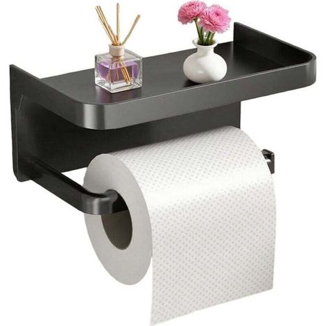 Toilettenpapierhalter mit beweglichem Ständer – Selbstklebender Toilettenpapierhalter fürs Badezimmer (schwarz, quadratisch, 18 x 10 x 8 cm) (1/4)