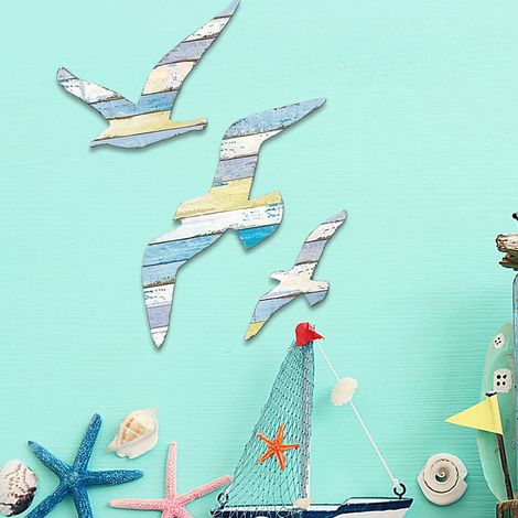 Guéridon En Bois - Décoration Murale Thème Nautique - Oiseaux De Mer - Pour Chambre Salon Enfant - 3 Pièces (1/5)