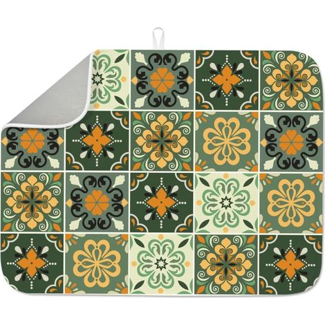 Tapis d'égouttoir à vaisselle pour comptoir de cuisine, motif mandala vert, 45,7 x 61 cm, tapis d'égouttoir mexicain absorbant en microfibre résistant à la chaleur pour table, robinet, évier (1/5)