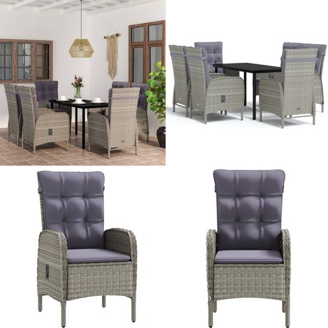 Set da Pranzo da Giardino 7 pz con Cuscini Grigio e Nero - Tavolo da pranzo esterno - Sedie da giardino