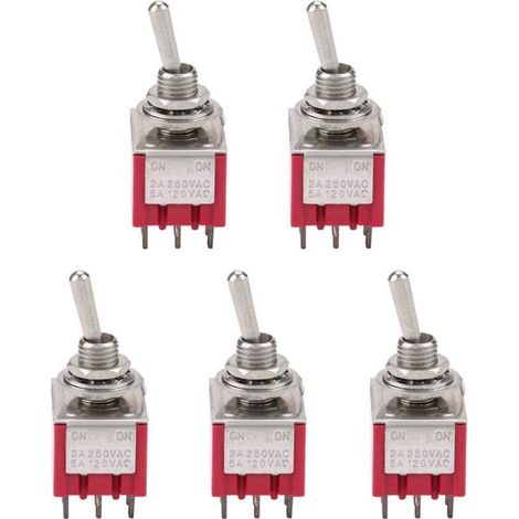 5-Piece 3PDT Rocker Switch, 9 Pins, 6mm, 2A/250VAC, 5A/120VAC, ON-ON, 2 Position (1/5)