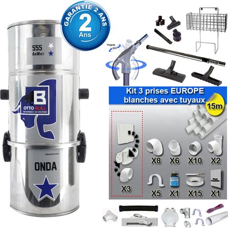 Aspiration centralisée sans sac OTTO BULL ONDA 150 INOX (jusqu’à 150 m²), Garantie 2 ans + Set inter 9 M + 8 accessoires + kit 3 prises + kit prise balai + kit prise garage (1/5)