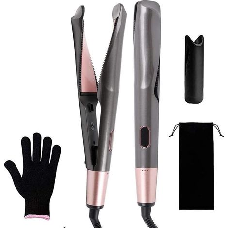 Fer à lisser et à boucler 2 en 1, fabriqué en céramique professionnelle, adapté à une utilisation sur cheveux secs ou humides, écran LCD et température réglable.